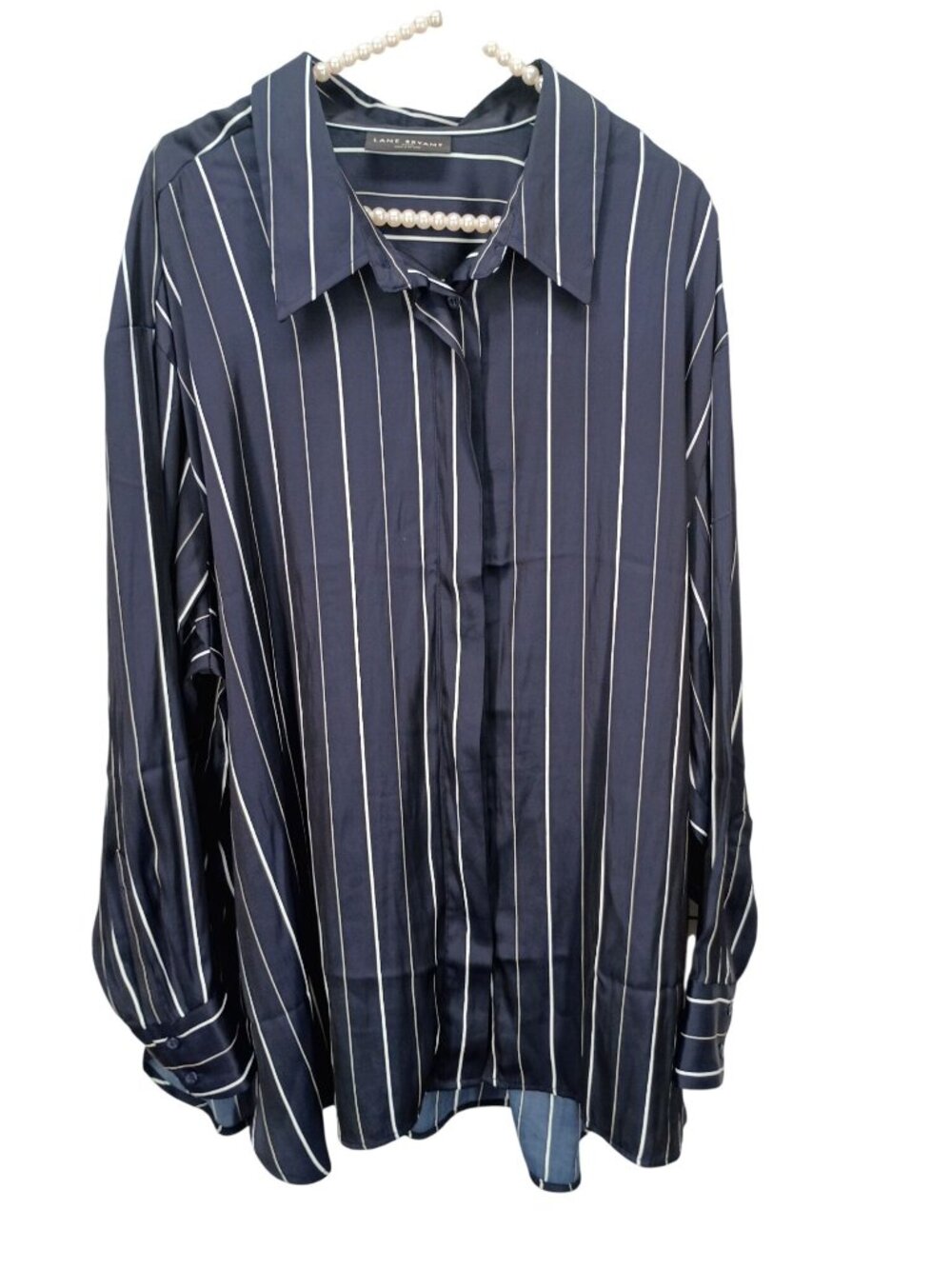 Lane Bryant Navy Blue & White Striped Button Down Blouse Size 22/24 Long Sleeve
